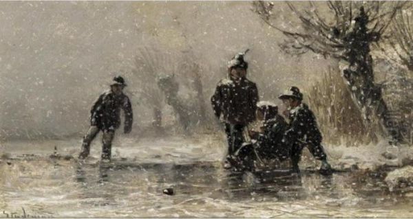 Skating In The The Blizzard Oil Painting by Adolf Stademann