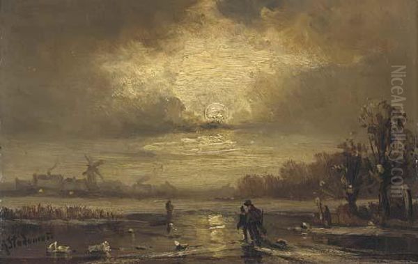 Skaters On A Moonlit River Oil Painting by Adolf Stademann