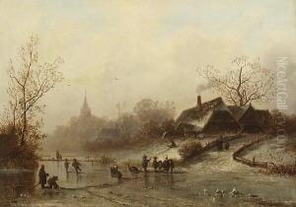 Eisvergnugen Vor Dem
 Dorf. Oil Painting by Adolf Stademann