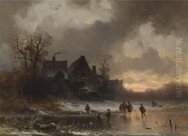 Winter Landscape With Figures On The Ice And A Farmhouse In The Background. Oil Painting by Adolf Stademann