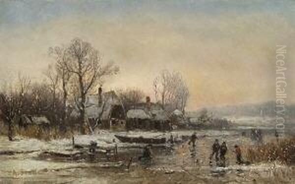 Winterliche
 Flusslandschaft. Oil Painting by Adolf Stademann