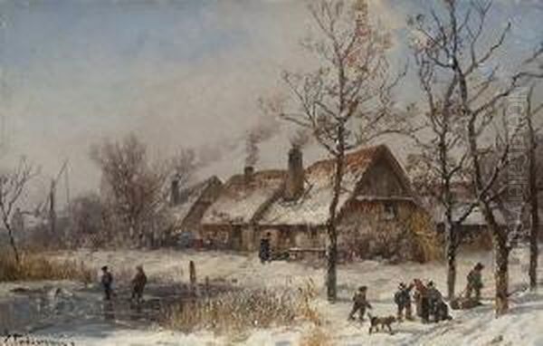 Wintervergnugen Vor Dem
 Dorf. Oil Painting by Adolf Stademann