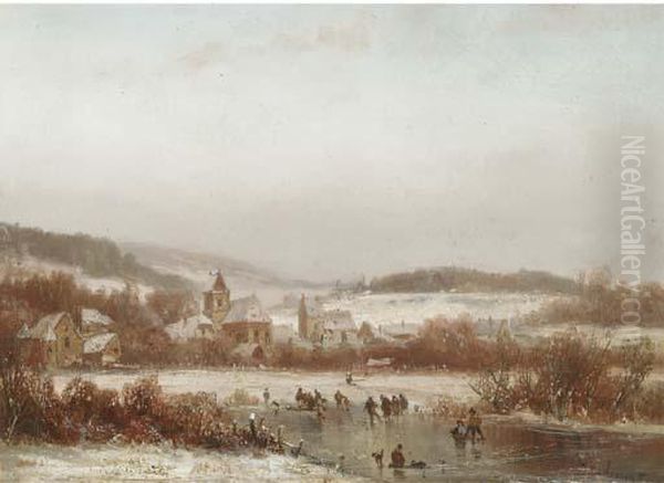 A Dutch Winter Skating View Oil Painting by Adolf Stademann