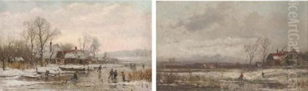 Skaters In A Winter Landscape; Crossing A River In A Winterlandscape Oil Painting by Adolf Stademann