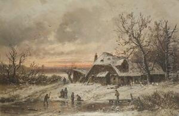 Abendliche Winterlandschaft Mit
 Spielenden Kindern Auf Dem Zugefrorenen See Vor Dem
 Bauernhaus. Oil Painting by Adolf Stademann