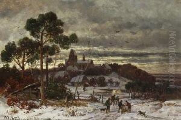 Winterabend Vor Dem Dorf. Oil Painting by Adolf Stademann