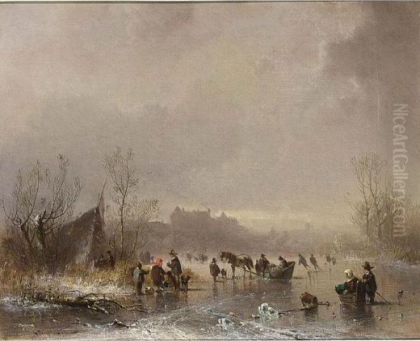 Figures On A Frozen Water Way Oil Painting by Adolf Stademann