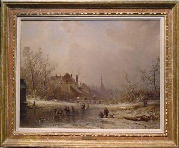 Skaters On A Frozen Canal Oil Painting by Adolf Stademann