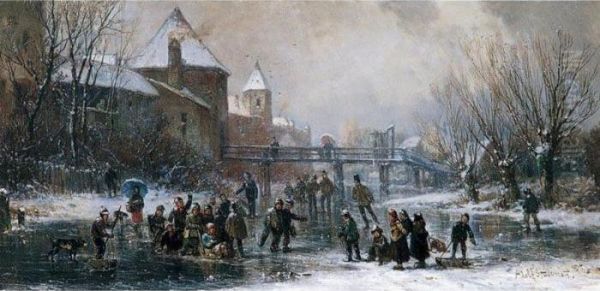 Schlittschuhlaufer (skaters On A Frozen River) Oil Painting by Adolf Stademann