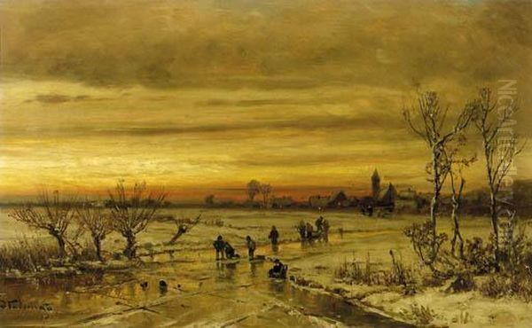 A Village In Winter At Dusk, With Skaters In The Foreground Oil Painting by Adolf Stademann