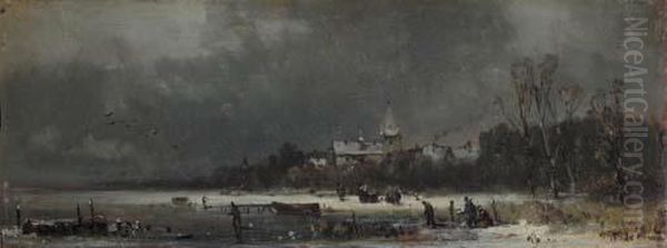 Skaters On A Lake By A Village Oil Painting by Adolf Stademann