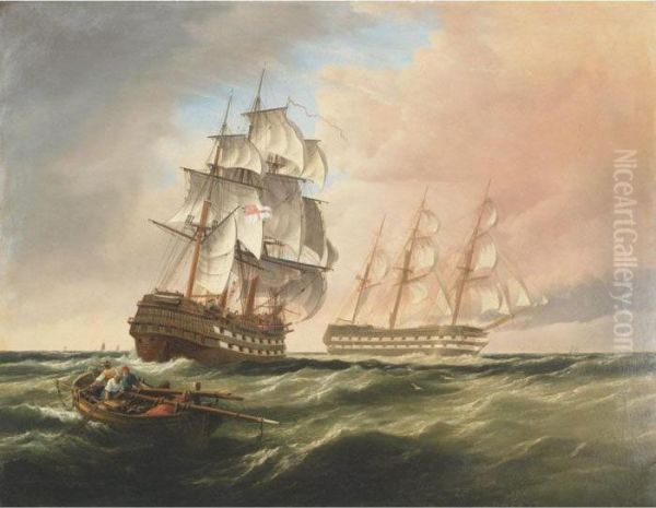 Man-of-war In Two Positions Oil Painting by William Clarkson Stanfield