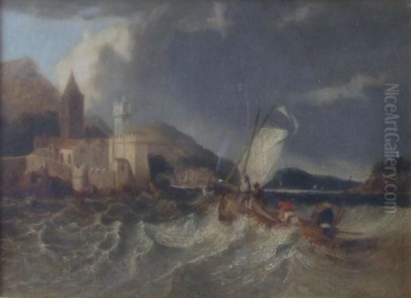 Fishing Boat In Stormy Seas With Church To Bank Oil Painting by William Clarkson Stanfield