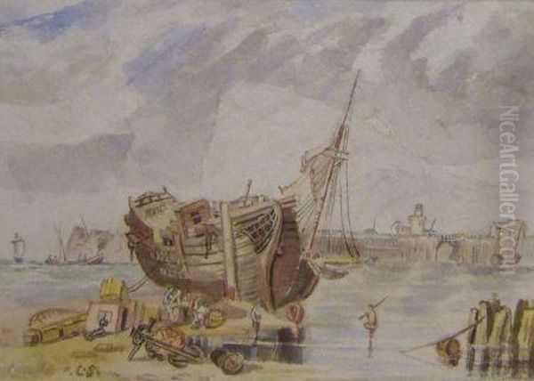 Coastal Harbour With Fishermen And Boat Oil Painting by William Clarkson Stanfield