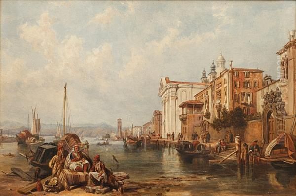 A Busy Quay Oil Painting by William Clarkson Stanfield