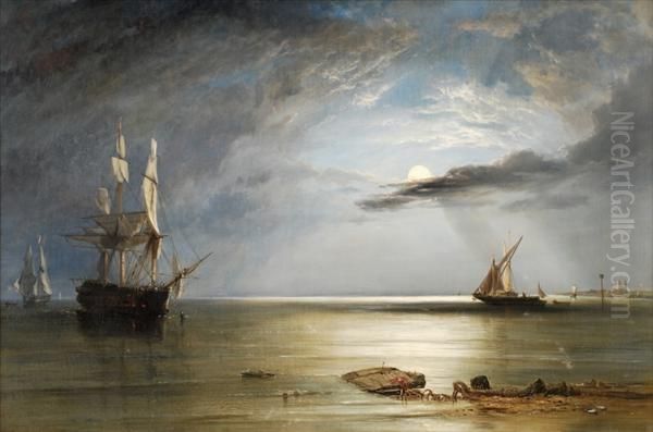 R.a. Moonlight Off The Coast Oil Painting by William Clarkson Stanfield