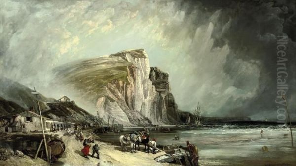 A Blustery Day On The Foreshore At Hastings With Fishermen Sortingtheir Catch Oil Painting by William Clarkson Stanfield