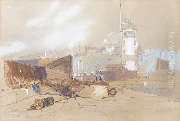 The Harbour Lighthouse At Broadstairs Oil Painting by William Clarkson Stanfield