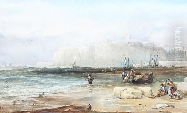 Fisherfolk On A Beach Before A Busy Coastaltown Oil Painting by William Clarkson Stanfield