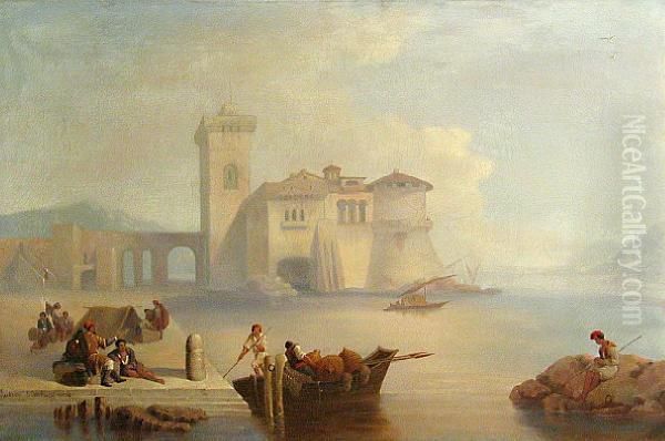 A View Of Fortified Buildings On A Shore With Fisherman On A Dock In The Foreground Oil Painting by William Clarkson Stanfield