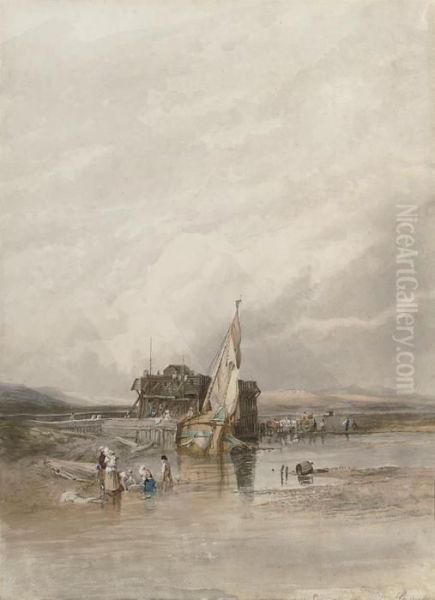 Fisherfolk On The Beach, Fort Rouge, Calais Oil Painting by William Clarkson Stanfield