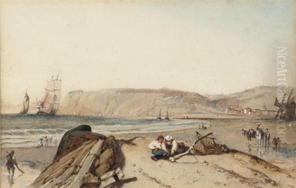 Figures By The Sea With Shipping In The Distance Oil Painting by William Clarkson Stanfield