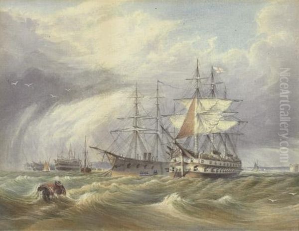 British Warships; And Warships At Anchor Oil Painting by William Clarkson Stanfield