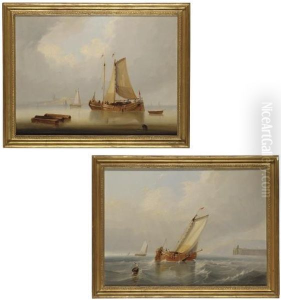 Dutch Pincks In Calm Waters; And Dutch Pincks In Choppy Waters Oil Painting by William Clarkson Stanfield