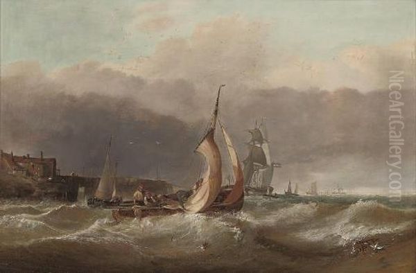 A Fishing Smack In A Heavy Swell At The Harbour Mouth Oil Painting by William Clarkson Stanfield