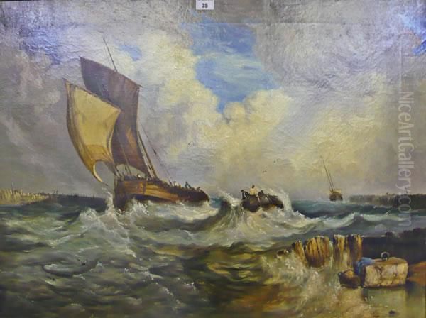 Boats On Stormy Waters Oil Painting by William Clarkson Stanfield