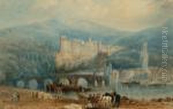 Follower Of Clarkson Stanfield 
Ra -- View Of A European Town With A Stone Bride, A Crowd Of Figures And
 Mountains In The Distance; Watercolour, Bears Signature, 18.5x28cm Oil Painting by William Clarkson Stanfield