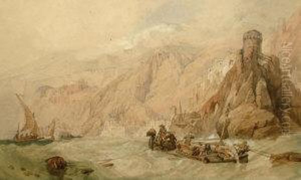 Follower Of Clarkson Stanfield 
Ra -- 'citara, Gulf Of Salerno'; Watercolour, Bears Initials, Bears 
Paper Label Attached To The Reverse Of The Frame, 15x24cm Oil Painting by William Clarkson Stanfield