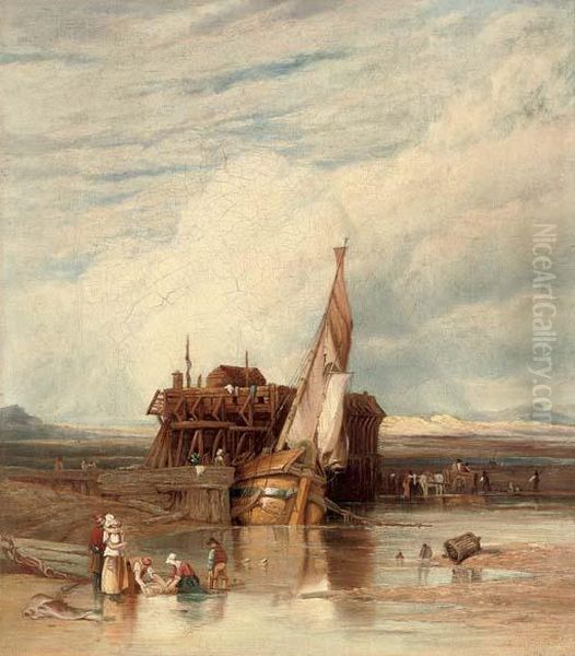 A Boat Moored With Figures In The Foreground, Fort Rouge, Calais Oil Painting by William Clarkson Stanfield