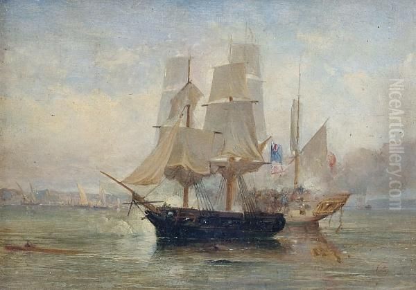 'the 'speedy' Gun Brig, Captain 
(afterwards Lord) Cockrane, Engaged In Action With A Spanish Zeebeek Off
 Barcelona' Oil Painting by William Clarkson Stanfield