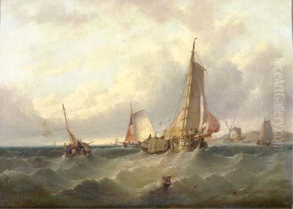 Fishing Vessels Off A Coast With A Windmill In The Distance Oil Painting by William Clarkson Stanfield