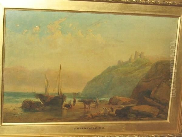 Fisherfolk, Beached Boat And Horses On The Shore, A Cliff Top Castle Beyond Oil Painting by William Clarkson Stanfield