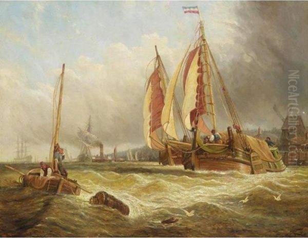 Busy Coastal Scene Oil Painting by William Clarkson Stanfield