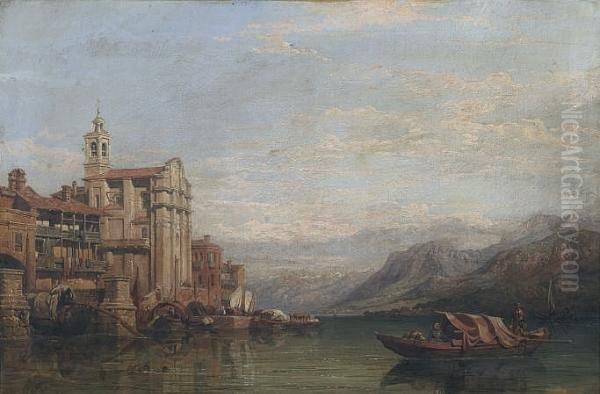 Tranquil Italian Lake Scene With Boats Off A Jetty Oil Painting by William Clarkson Stanfield