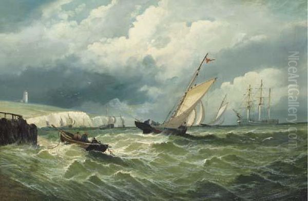 A View Of The English Channel 
With Sailboats In Choppy Seas Off The White Cliffs Of Dover Oil Painting by William Clarkson Stanfield