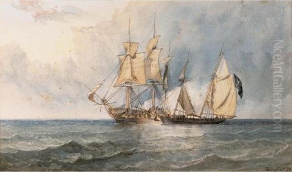 A Man-o-war And Pirate Ship At Full Sail On Open Seas Oil Painting by William Clarkson Stanfield