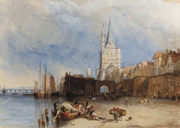 Figures Unloading A Barge In Cologne Harbour Oil Painting by William Clarkson Stanfield