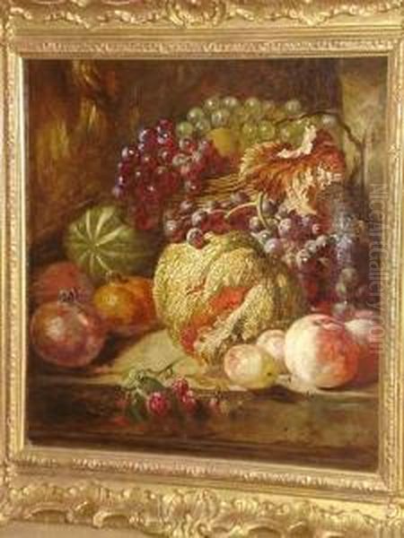 Still Life Of Melon, Grapes, Peaches And Pomegranites On A Ledge Oil Painting by Eloise Harriet Stannard