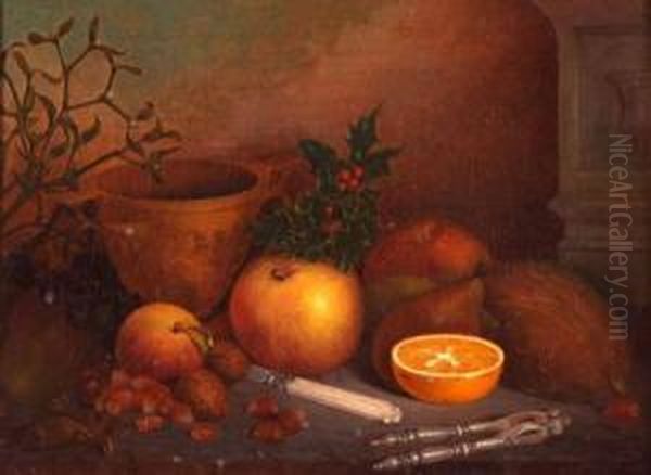 Still Life Study Of Mixed Fruit, Coconut, Nuts And Holly Oil Painting by Eloise Harriet Stannard