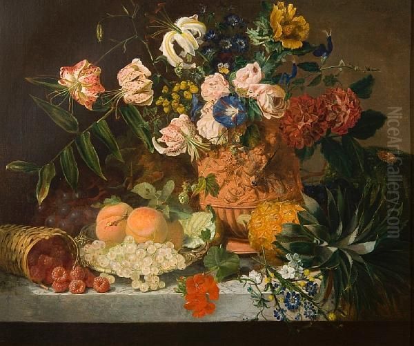 Still Life Of Fruit And Flowers On A Marbleledge Oil Painting by Eloise Harriet Stannard