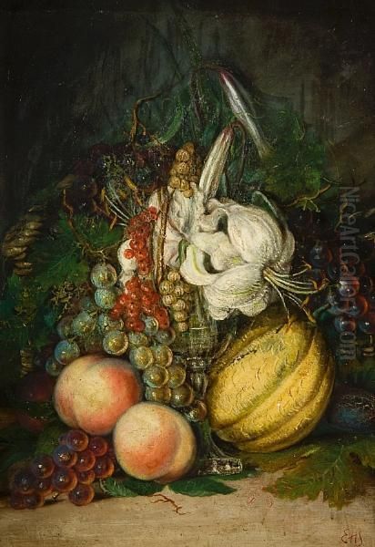 Still Life Of Melon, Peaches, Plums, Grapesand White Flower Oil Painting by Eloise Harriet Stannard