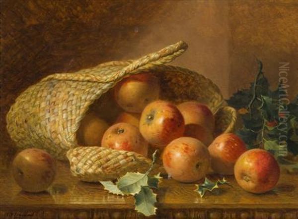 A Still Life Of Apples In A Basket With Holly Oil Painting by Eloise Harriet Stannard