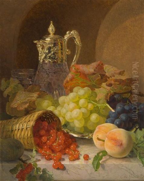 Still Life Of Fruit And Vine Leaves Together With A Claret Jug, Basket And Dish Oil Painting by Eloise Harriet Stannard