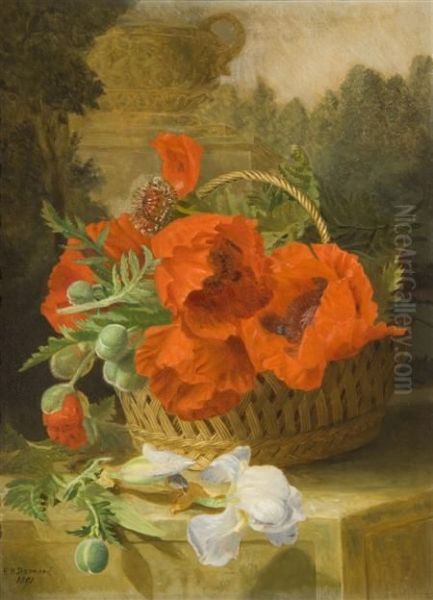 Poppies In A Basket, With An Iris, On A Stone Ledge Oil Painting by Eloise Harriet Stannard