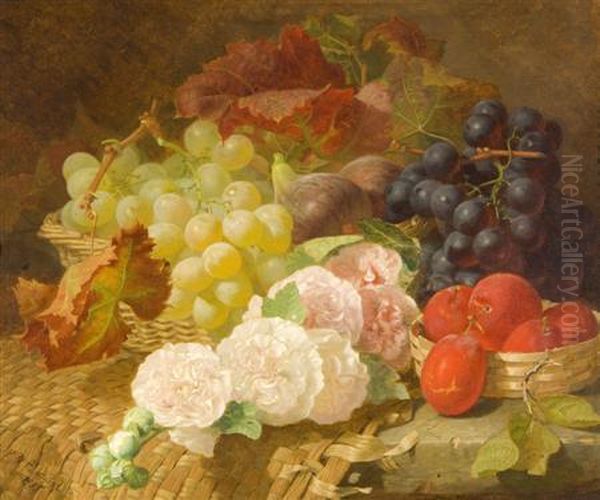 A Still Life Of Grapes, Plums, Figs And A Hollyhock Oil Painting by Eloise Harriet Stannard