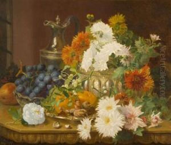 A Still Life Of Chrysanthemums In A Silver Bowl With Ewer, Fruit And Mistletoe Oil Painting by Eloise Harriet Stannard